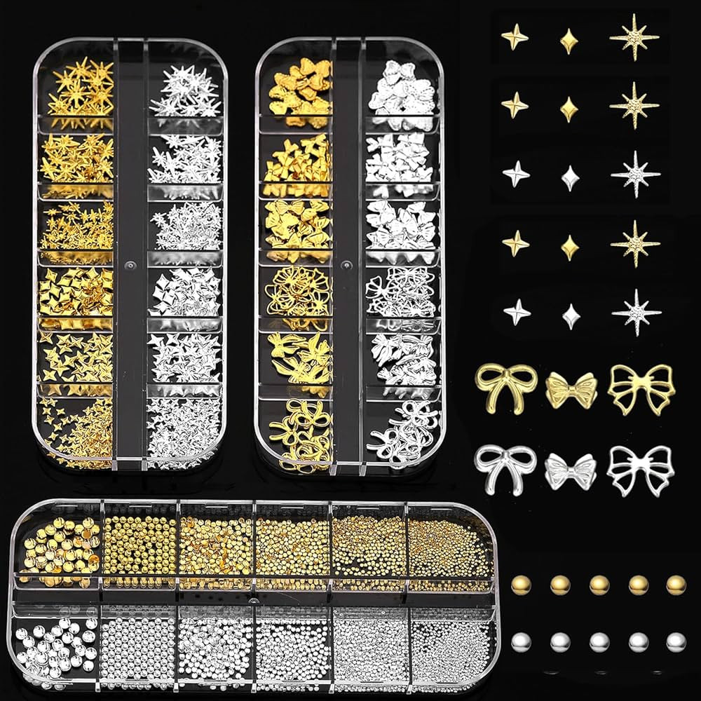 Gold Plated Nail Charms Kit - 3 Pack Mixed 3D Butterfly，Rhinestones, Pearls, Gems, Flowers & Bo... | Amazon (US)