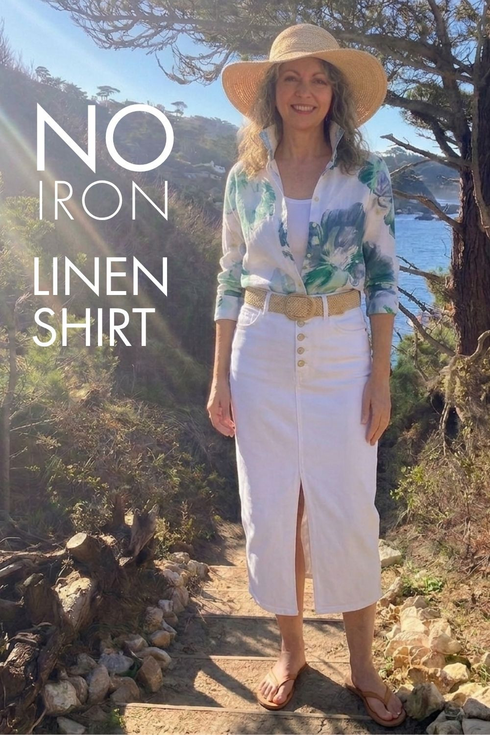 I found a no iron linen shirt! Do you love linen but don't like all the wrinkles? Here is the answer in a pretty floral shirt. Tie it at the waist with shorts or tuck into a skirt or jeans. #linenshirt #springfashion #springoutfit #whitedenimskirt 

 #LTKootd #LTKOver40