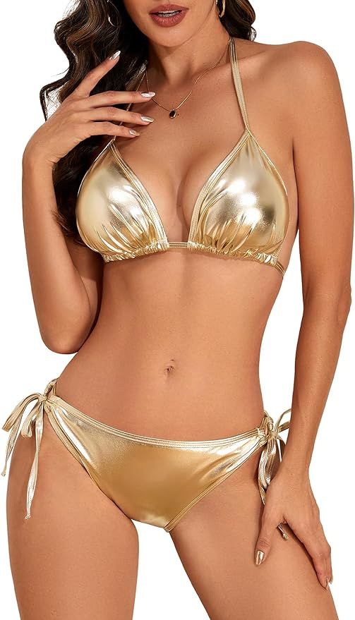American Trends Women's String Two Piece Halter Top Triangle Bikini Set with Tie Side Bottom Sexy... | Amazon (US)