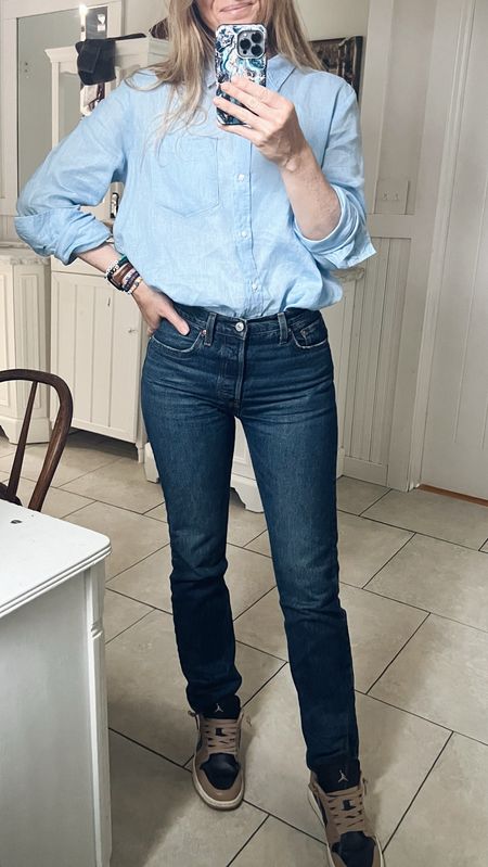 Button up with jeans outfit.

Size reference 5’ 9” 140 lbs

On SALE! - Linen boyfriend shirt - medium tall
Love these button up shirts! Wear it with shorts, jeans and/or as a swim suit cover up. So versatility!

High rise straight leg jeans - 28x32 
(Slightly bigger fit)

Low top Jordan’s - true to size


Jeans. Jeans outfits. Levi’s. 501s. High rise jeans. Classic style. Button up shirt. Button down shirt. Transitional jeans outfit. Jeans with sneakers outfits. Spring outfits. Spring jeans outfit. 


#LTKover40 #LTKsalealert #LTKstyletip
