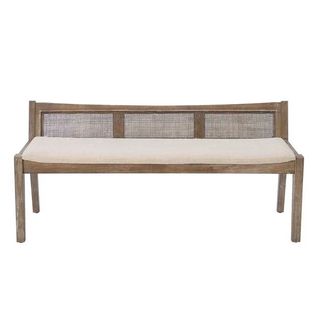 Linon Memphis Wood Bench Woven Cane Back Beige Padded Seat in Brown Stain Finish | Walmart (US)
