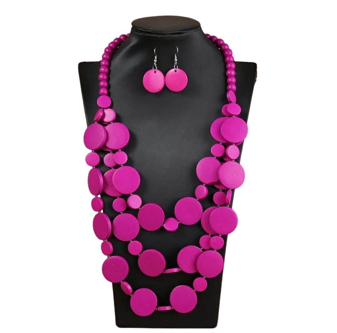 Hot Pink Wooden Statement Necklace Set - Bold Circle Disc Beaded Jewelry With Matching Earrings -... | Etsy (Global)