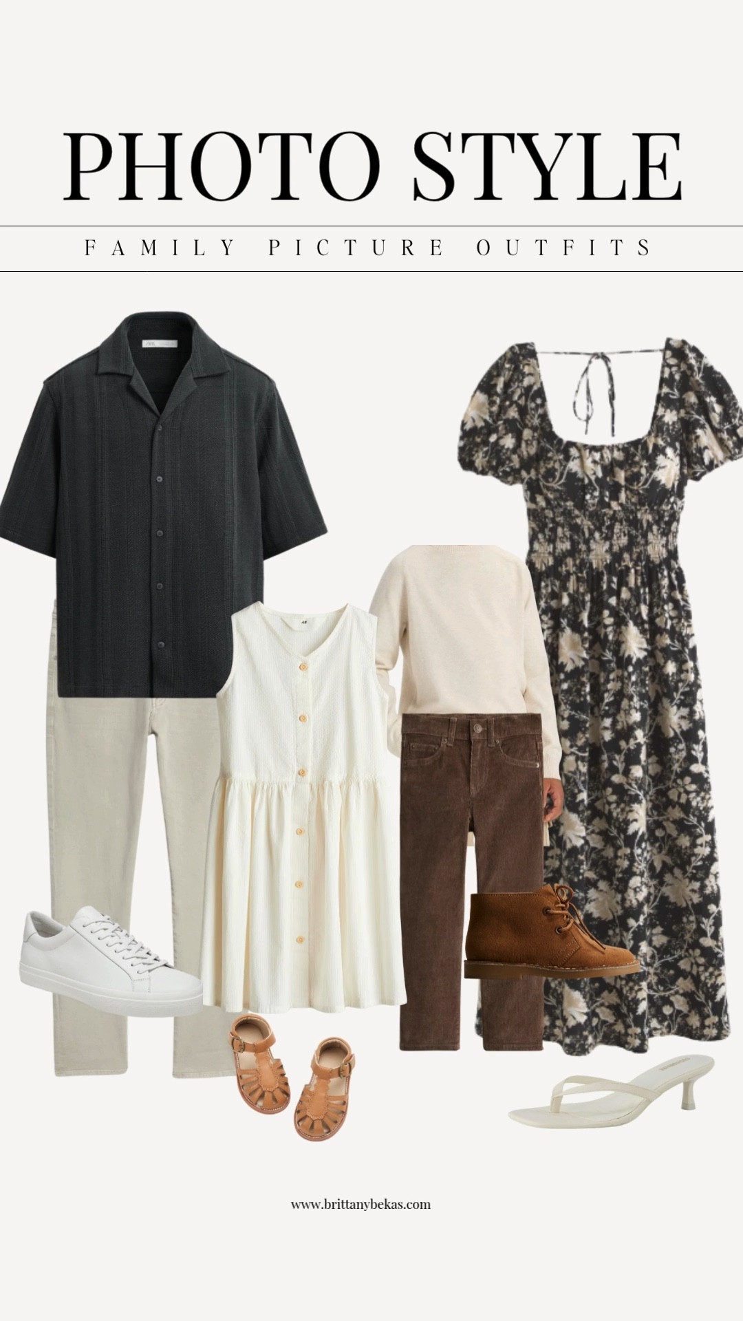 A neutral family picture outfit idea featuring a floral maxi dress for mom. This is a great look for beach family pictures or family pictures in a warm climate this fall / winter. H&M / Abercrombie 

 #LTKStyleTip #LTKKids #LTKFamily