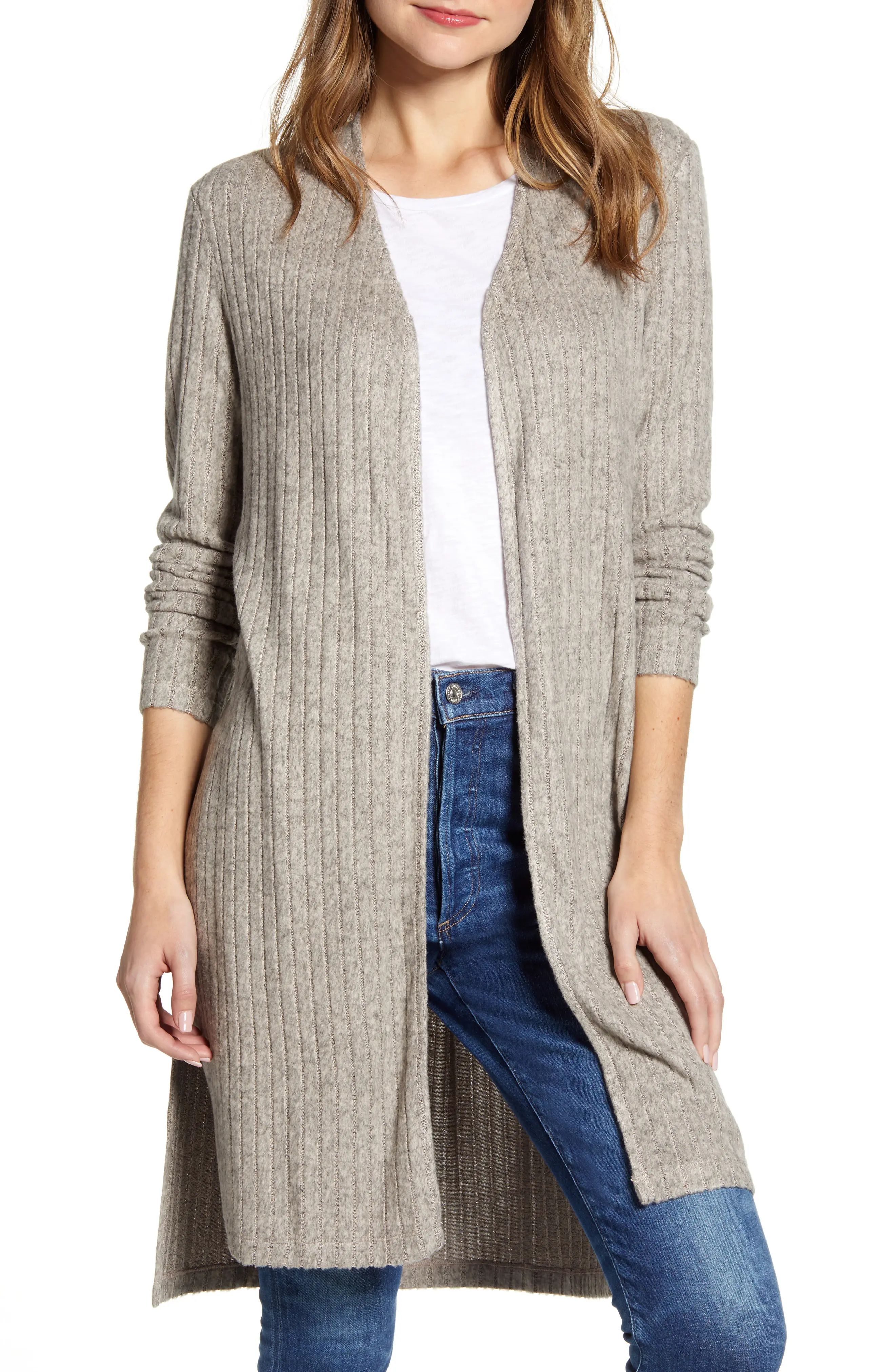 Women's Bobeau Ribbed Cardigan, Size Small - Brown | Nordstrom