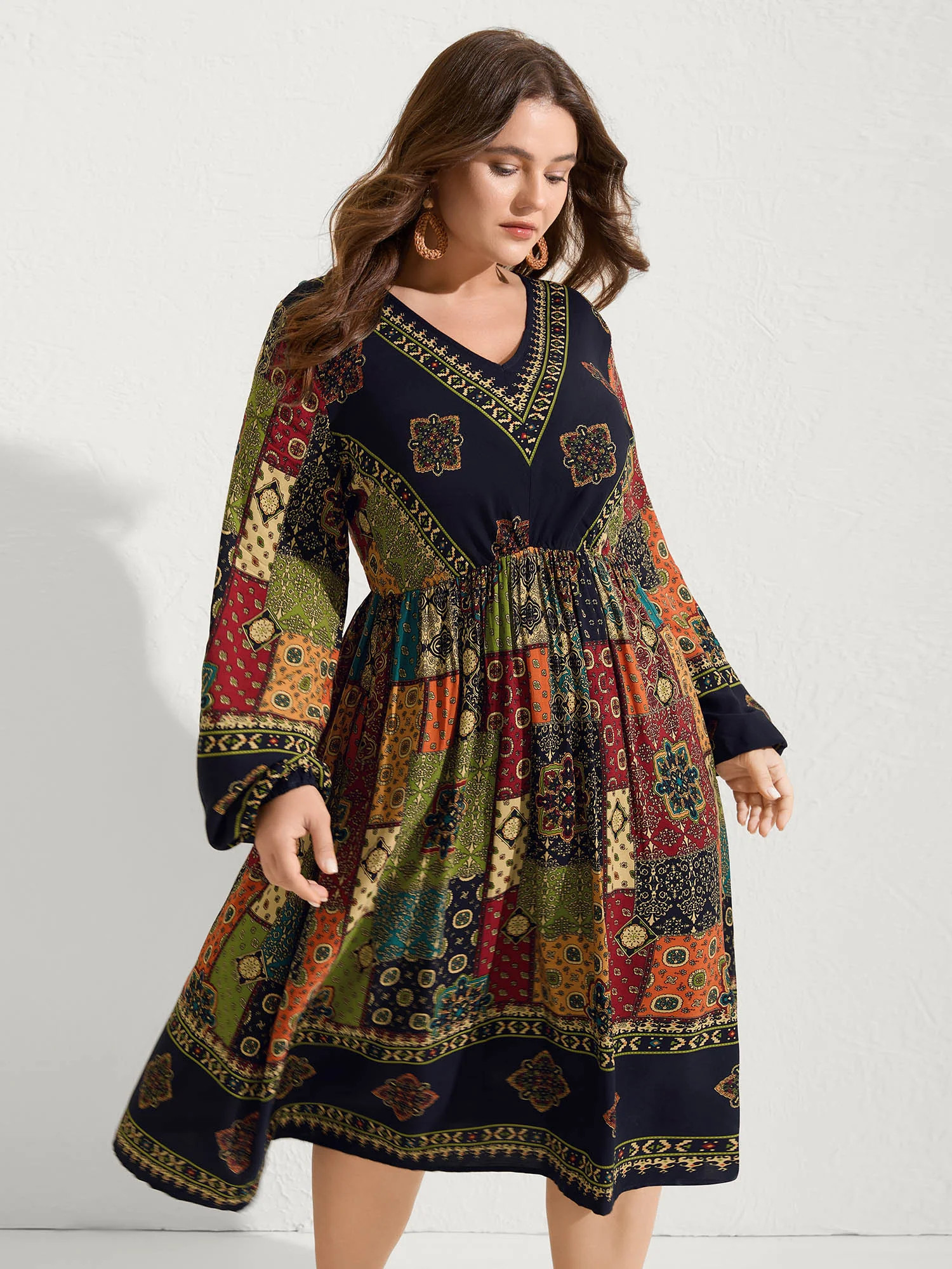 Retro Colorful Print V-Neck Midi Dress | Bloomchic