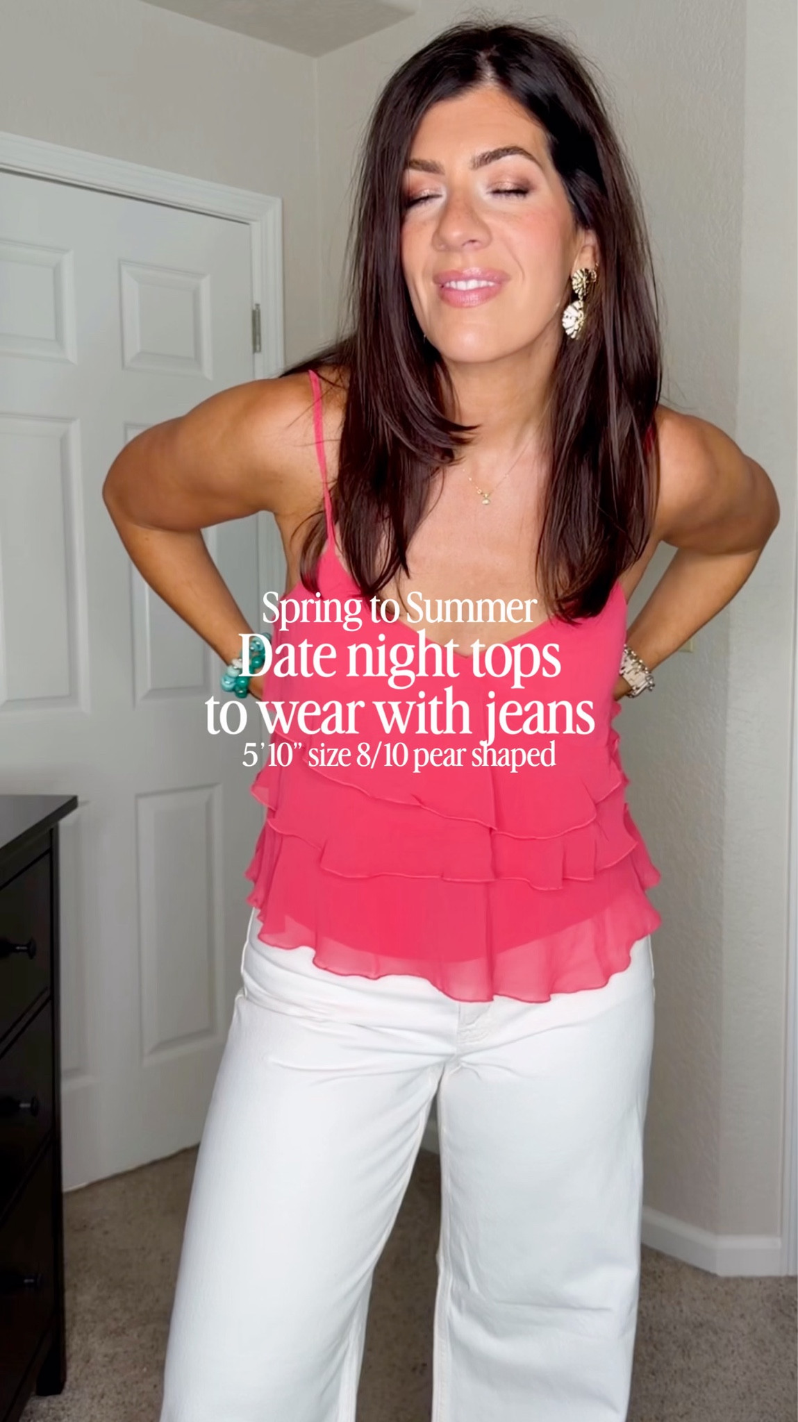 Date night tops (Anthro code meghan20, aber code SHORTSAF)
Jeans- 29 tall in both 
Tops- medium in all except pink ruffle and strapless black - both run loose and sized down 

#LTKTall #LTKSaleAlert #LTKMidsize