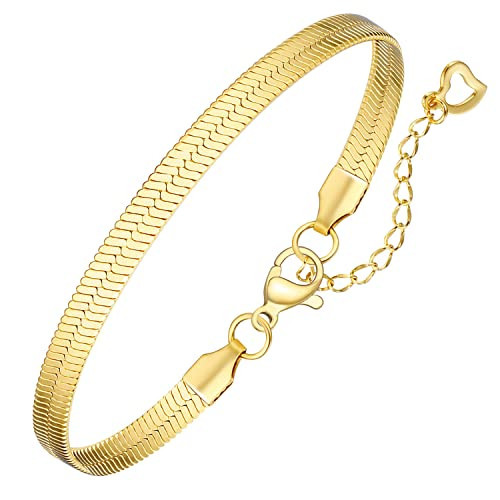 Jewlpire Gold Bracelet for Women, Dainty 18K Real Gold Plated Bracelets Jewelry for Women Herringbone Chain Bracelet Adjustable Trendy Jewelry Gifts | Amazon (US)