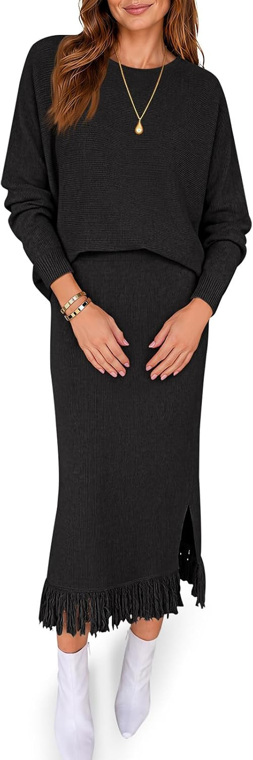 Saodimallsu Womens 2 Piece Skirt Set Fringe Side Slit Winter Sweater Set | Amazon (US)