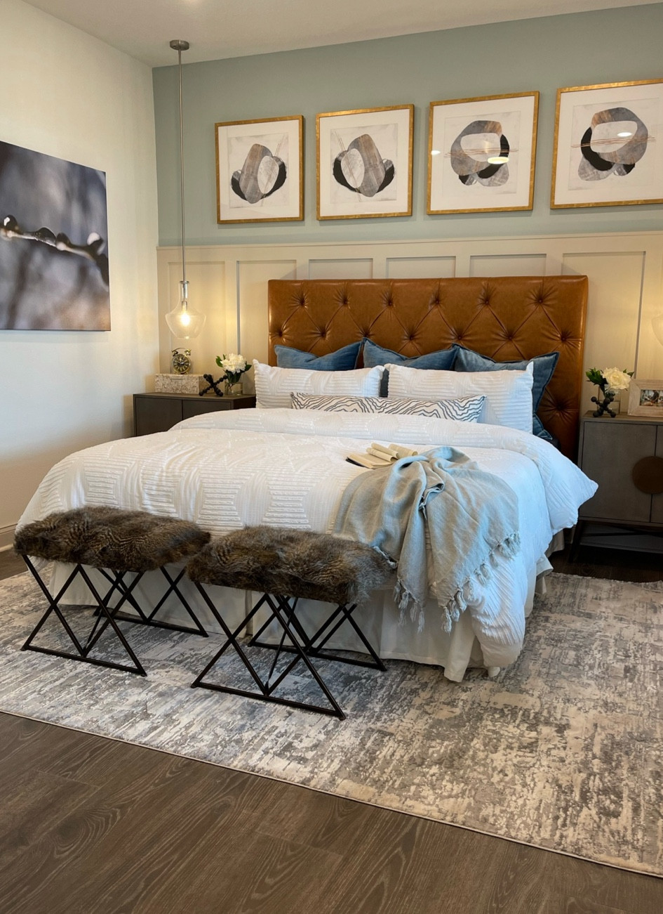Modern Farmhouse Bedroom Design with brown leather tufted headboard with cozy decor 

#LTKHolidaySale #LTKhome
