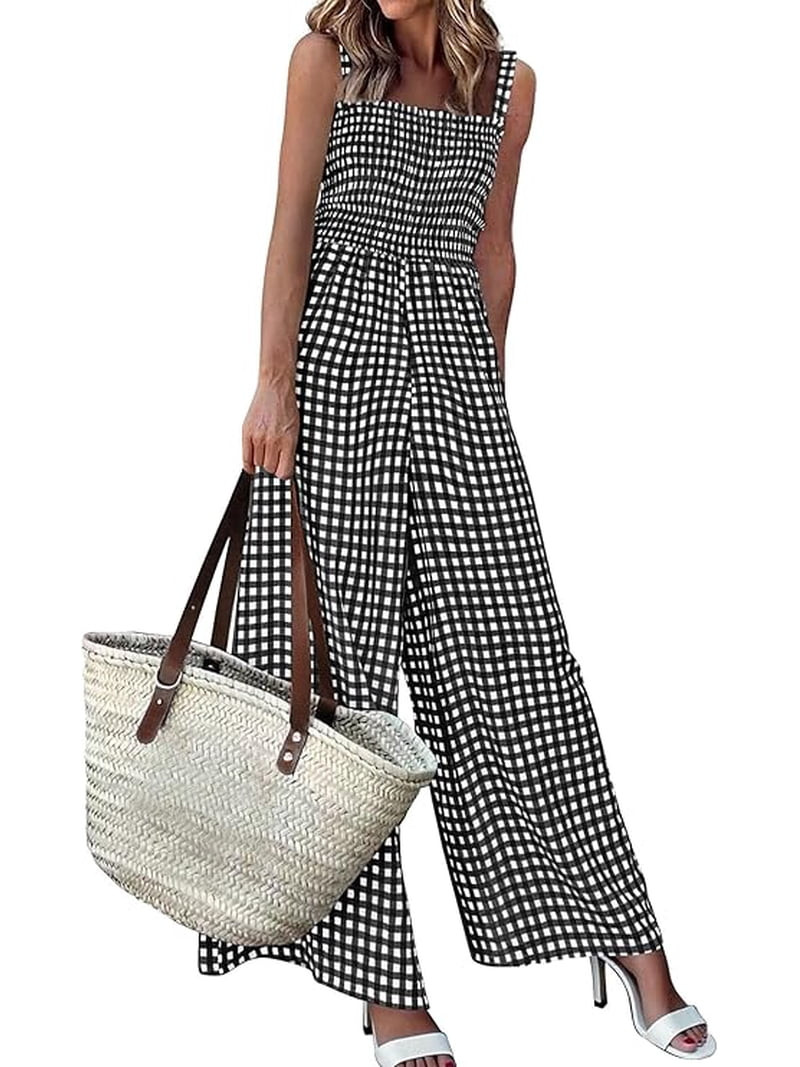 PRETTYGARDEN One Piece Jumpsuits for Women Summer Sleeveless Smocked Gingham Wide Leg Date Night ... | Walmart (US)