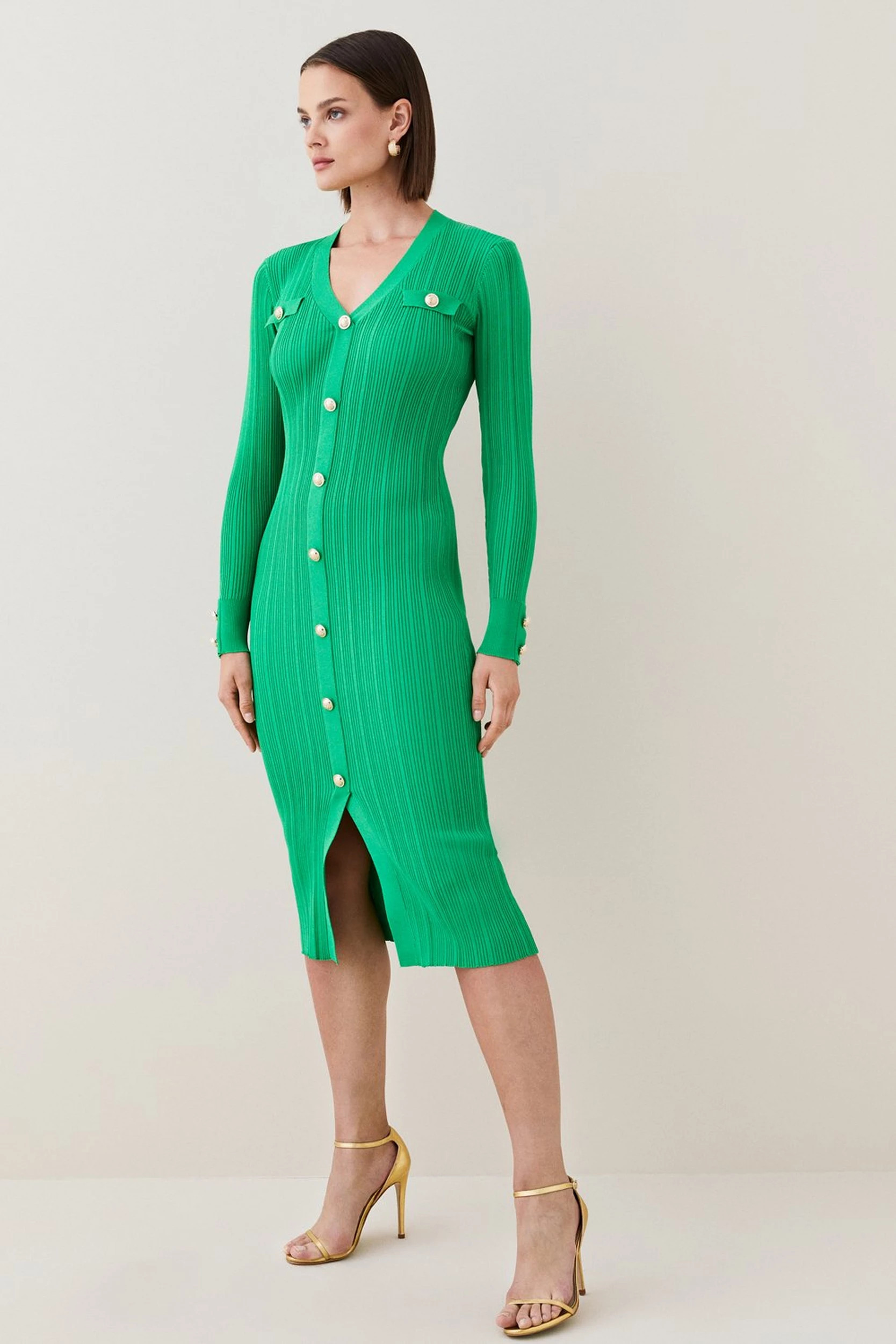Military Button Detail V Neck Rib Knitted Midi Dress | Karen Millen UK + IE + DE + NL