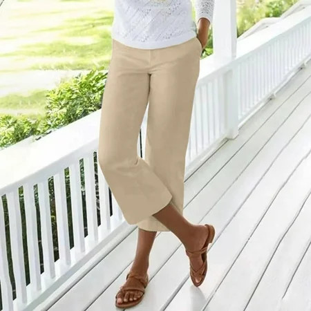 Womens Capris Pants Clearance Solid Color Wide-Leg Capri Pants High Waist Casual Summer Capris Stretch Loose Lounge Sweatpants Khaki S | Walmart (US)