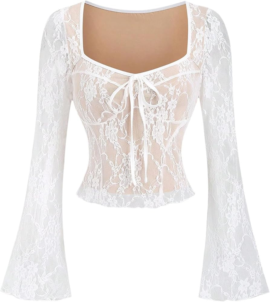 SOLY HUX Women's Lace Cropped T Shirts Long Sleeve Going Out Tops Tie Front Fitted Tees Y2k Coque... | Amazon (US)