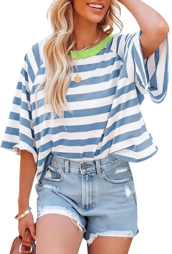 Dokotoo Tops for Women Striped 2025 Fashion T Shirts for Women Color Block Crewneck Design Loose ... | Amazon (US)