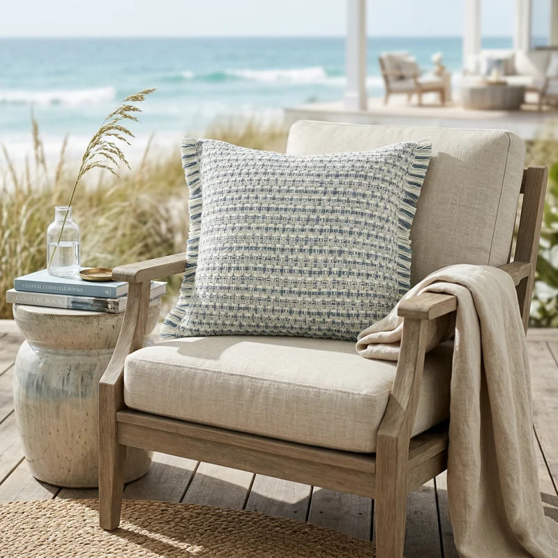 Alverta Coastal Striped Fringed Woven Outdoor Pillow | Wayfair North America