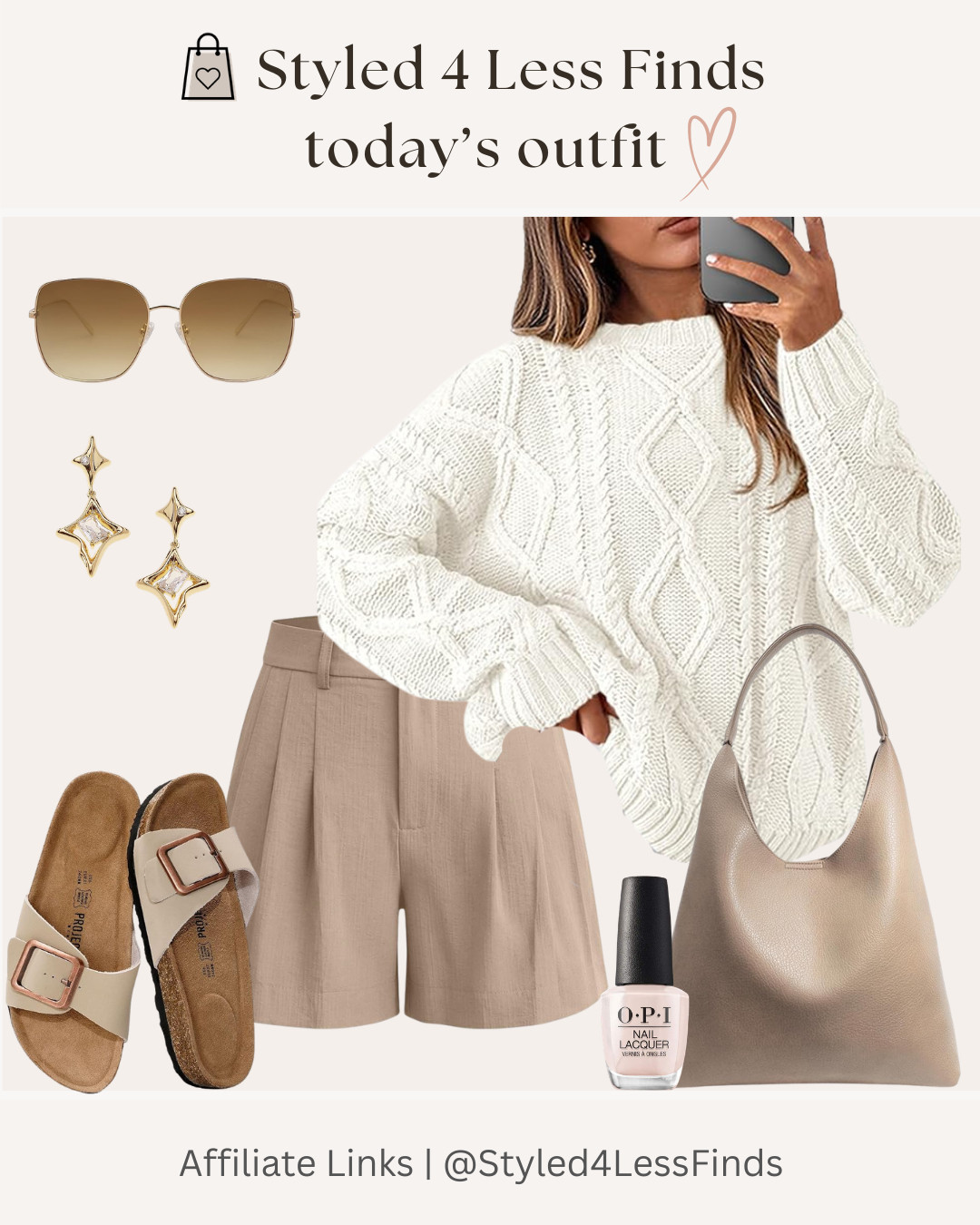 Neutral tones, cozy textures, and a few polished details—this is my kind of effortless everyday look. 🤎🤍 The oversized cable-knit sweater paired with tailored neutral shorts keeps it relaxed while still feeling put-together. Add statement earrings, sunnies, a neutral shoulder bag and comfy sandals, and you’re ready to go!

Style Tip: When wearing several neutral pieces, mix textures and tones to keep the outfit interesting. A chunky knit + tailored fabric + leather accessories creates an elevated look without needing bold colour. 

 #LTKcanada #LTKover50style #LTKstyletip