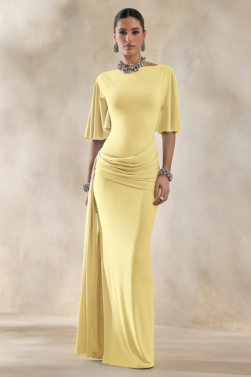 Emerelle  Lemon Wide-Neck Maxi Dress With Sash And Draped-Detailing | Club L London