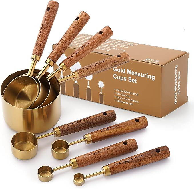 SHIKORI Gold Measuring Cups and Spoons Set with Wood Handles, Premium Stainless Steel Measuring S... | Amazon (US)