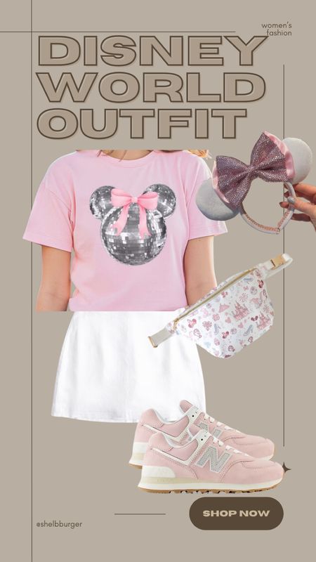 Disney World Pink Disco outfit for women

• Minnie Mouse with bow disco ball shirt 
• white skort
• pink and white Disney ears
• Disney Fanny pack
• pink New Balance sneakers 

#LTKtravel #LTKfindsunder100 #LTKshoecrush