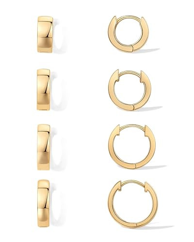 PAVOI 18K Yellow Gold Plated 925 Sterling Silver Posts Four Pairs Small Hoop Earrings for Women - Chunky Huggie Earscape Piercing Pack - Trendy Gold Hoop Earrings Set | Amazon (US)