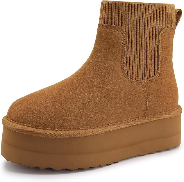 Athlefit Women's Classic Platform Chelsea Boots Winter Warm Fur Lined Anti-Slip Short Ankle Snow ... | Amazon (US)