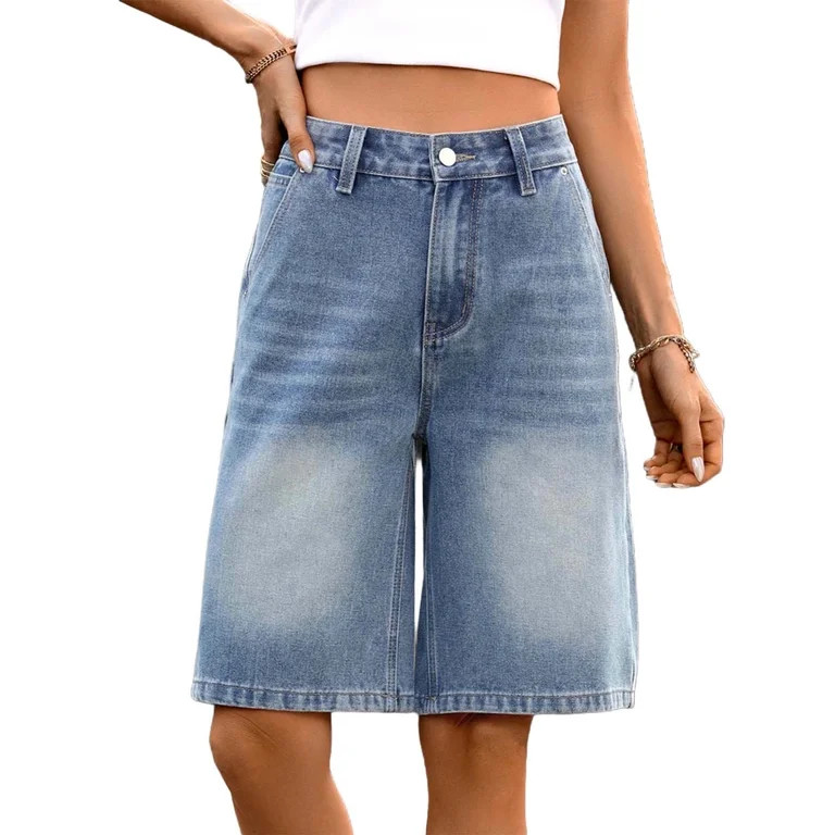 Floleo Women's High Waisted Light Wash Denim Bermuda Shorts Casual Wide Leg Button Zipper Jean Sh... | Walmart (US)