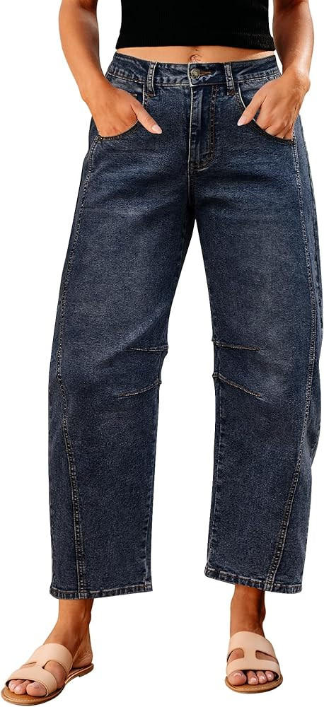 GRAPENT Barrel Jeans for Women Trendy High Waisted Wide Leg Baggy Cropped Relax Fit Stretch Denim... | Amazon (US)