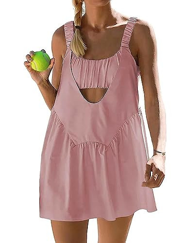 AnotherChill Womens Tennis Dress Built-in Bra & Matching Shorts Pockets Workout Dresses Athletic Outfits Cut Out Two Piece (Pink, Small) | Amazon (US)