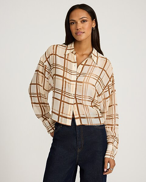 Sheer Plaid Cropped Boyfriend Shirt | Express