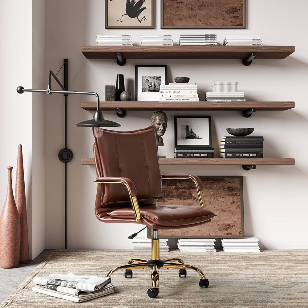 HULALA HOME Faux Leather Home Office Desk Chair, Adjustable Swivel Computer Chair with Golden Leg... | Amazon (US)