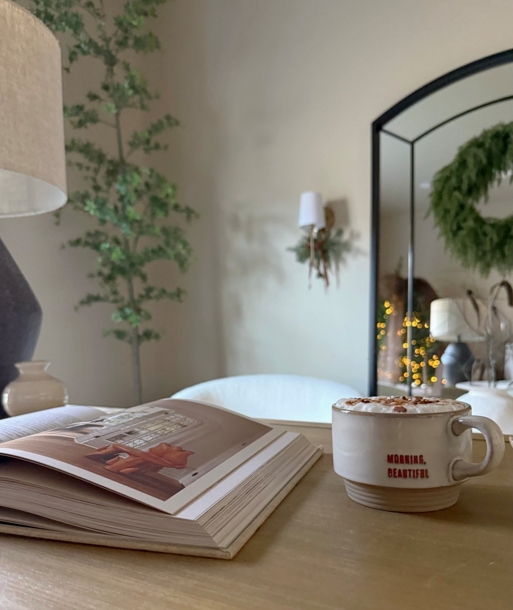 Home office, Christmas decor, Christmas coffee mug, holiday decor, home decor, office decor, garland, wall sconces, office desk, office chair, floor mirror 

#LTKHoliday