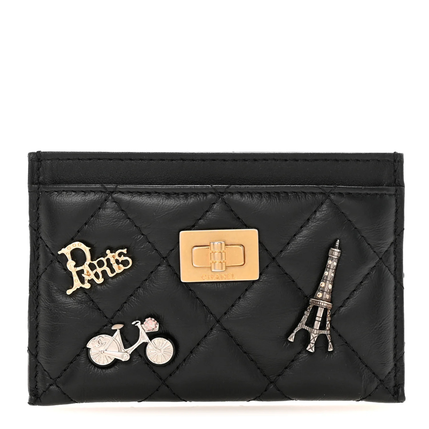 Aged Calfskin Quilted Lucky Charms Reissue Card Holder Black | FASHIONPHILE (US)