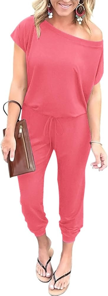 PRETTYGARDEN Women's Loose Solid Off Shoulder Elastic Waist Stretchy Long Romper Jumpsuit | Amazon (US)