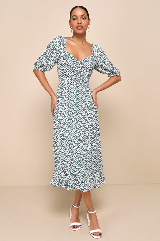 Cute Contentment Green Floral Dress Green Floral Midi Dress Outfit Floral Wedding Guest Dress Floral | Lulus