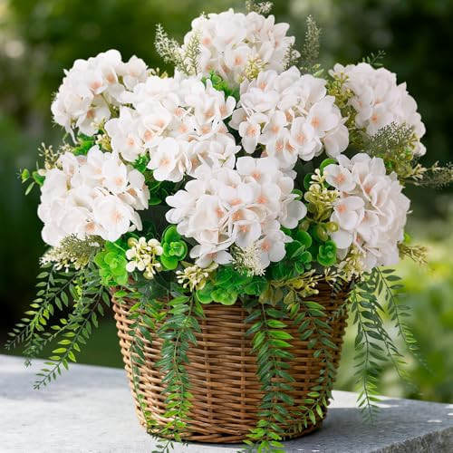 Ammyoo Artificial Hydrangea Flowers Silk White Fake Flower with Eucalyptus for Outdoor Decorations UV Resistant Realistic Faux Plants for Garden Porch Window Box Indoor Table Decor | Amazon (US)