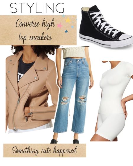 Styling converse high top sneakers
Levi’s rib cage jeans
Fitted white tee
Neutral color moto jacket
Simple earrings, so cute! 

#LTKshoecrush #LTKFind #LTKsalealert