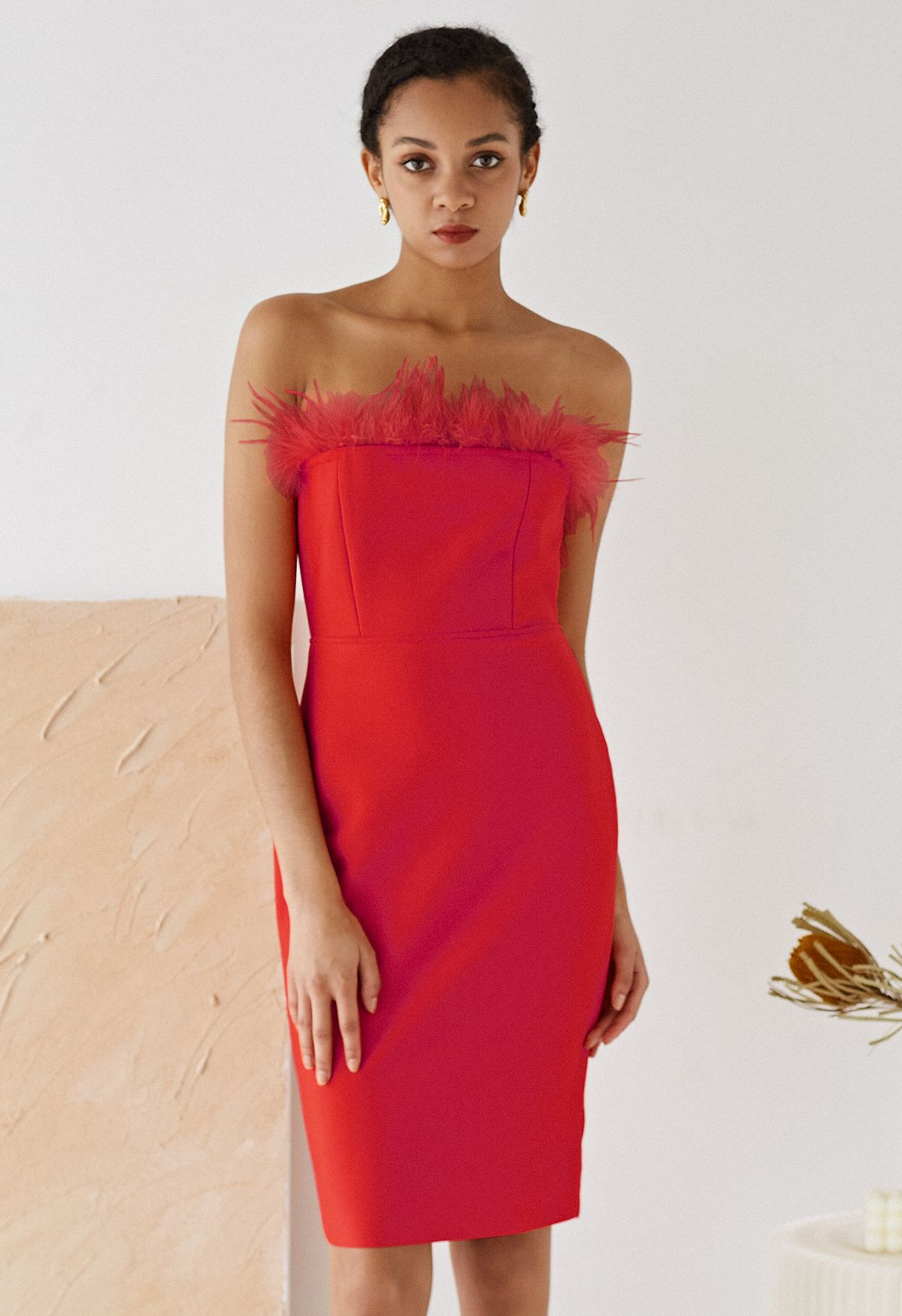 Feather Trim Bodycon Tube Cocktail Dress in Red | Chicwish