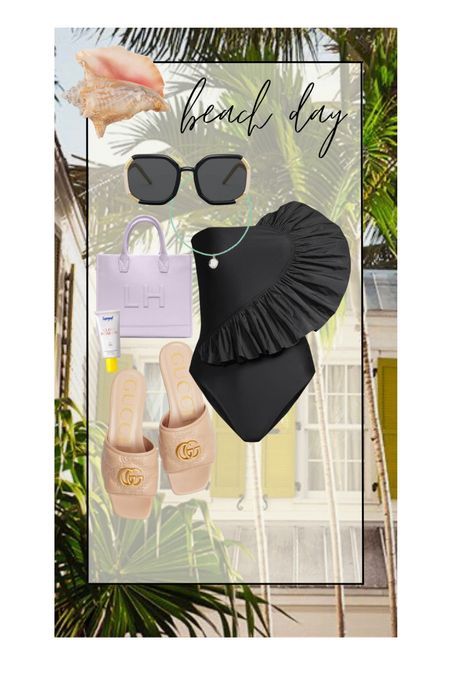 Beach day outfit idea for Spring Break. 

Spring break one piece. Classic black one piece. Tan Gucci slides. Lilac monogram bag. Gucci black Sunglasses. Super Goop glow screen. Amazon turquoise necklace. 

#LTKshoecrush #LTKswim #LTKstyletip