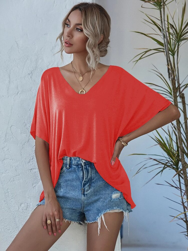 V-neck Batwing Sleeve Tee | SHEIN