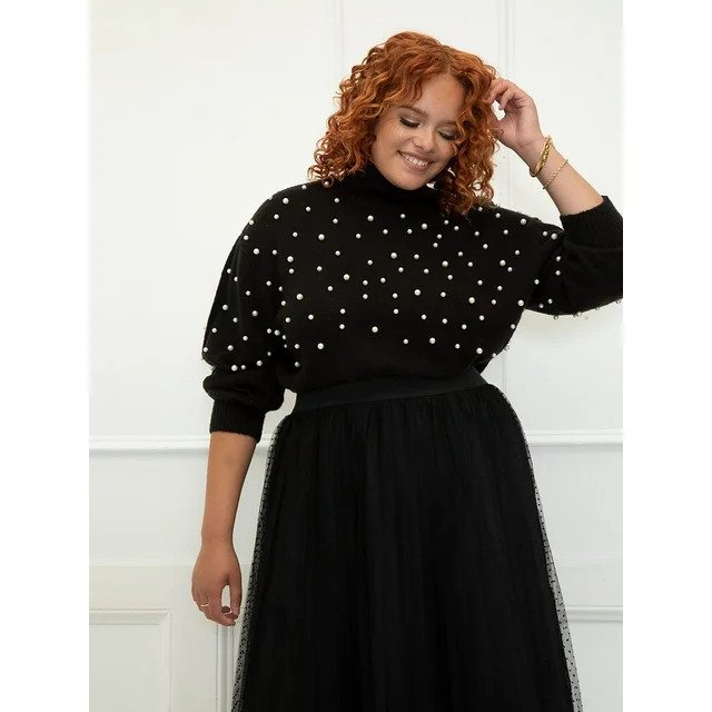 ELOQUII Elements Women's Plus Size Faux Pearl Embellished Sweater | Walmart (US)