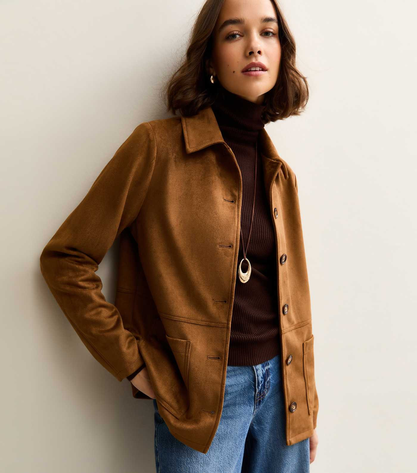 Tan Faux Suede Button Front Jacket | New Look | New Look (UK)