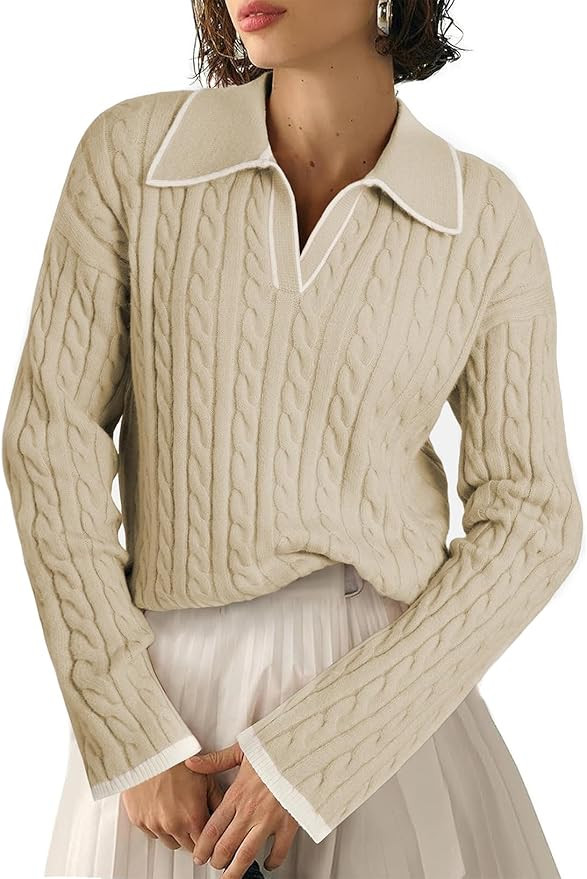 EVALESS Womens Cable Long Sleeve Sweaters Tops Color Block Lapel V Neck Knit Casual Soft Pullover... | Amazon (US)