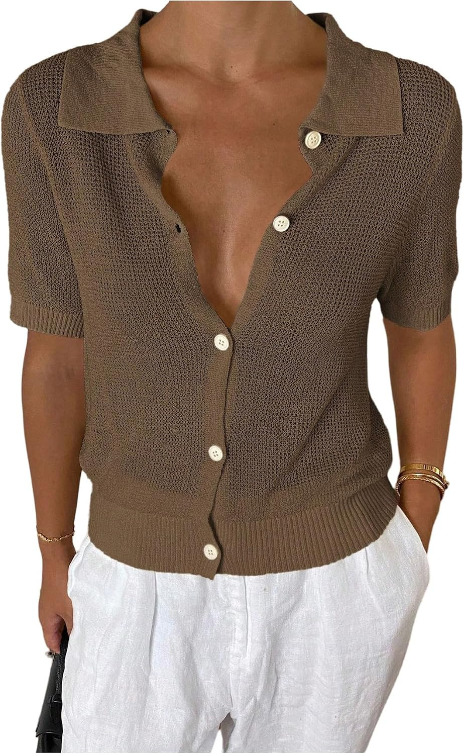 SHENHE Women's Short Sleeve Cardigan Button Down Collared Sweater Top | Amazon (US)