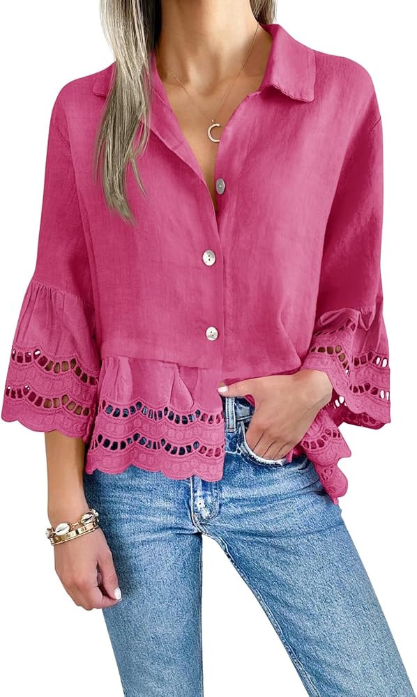 Cicy Bell Womens 3/4 Bell Sleeve Button Down Shirts Casual Ruffle Hem Tops Eyelet Blouse | Amazon (US)