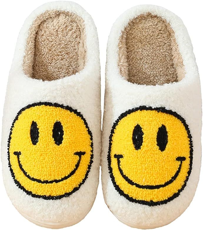 mkaehdn Retro smiley face soft plush comfy warm slip-on slippers | Amazon (US)