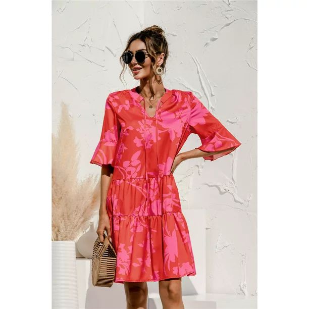 QINCAO Women Dresses Summer Dress V-Neck Short Sleeve T-Shirt Dress Babydoll Ruffles Casual Mini ... | Walmart (US)