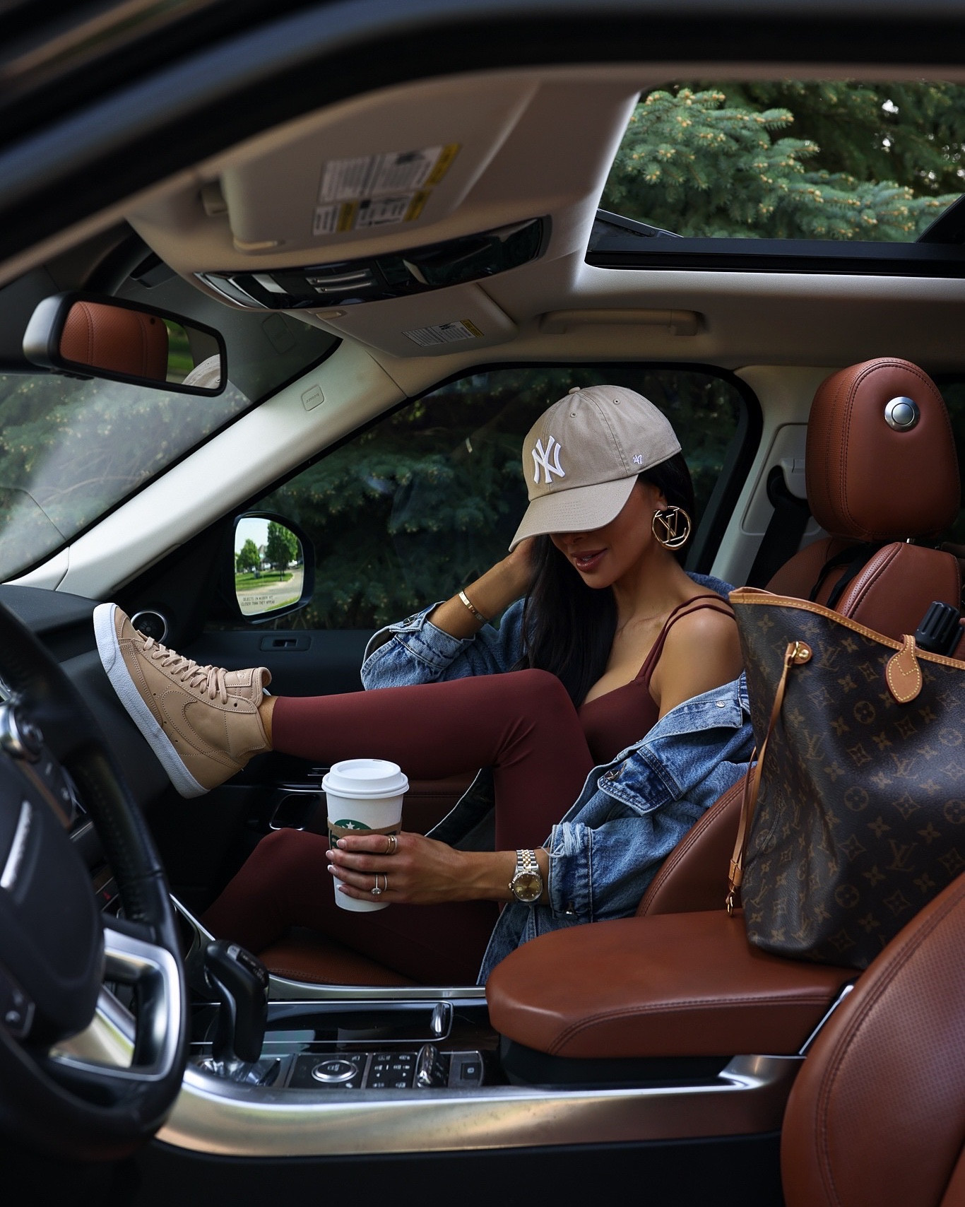 Casual weekend outfit ideas
Anine Bing denim jacket wearing an XS
Nike brown sports bra and leggings wearing an XS
NY Yankees khaki cap
Nike nude Blazer high top sneakers run TTS
Louis Vuitton Neverfull GM size



#LTKfit #LTKunder100 #LTKshoecrush
