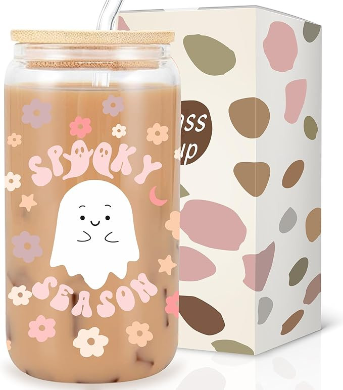 Halloween Spooky Season Can Glass Cup With Lid And Straw, Cute Spooky Iced Coffee Cup, Cute Hallo... | Amazon (US)