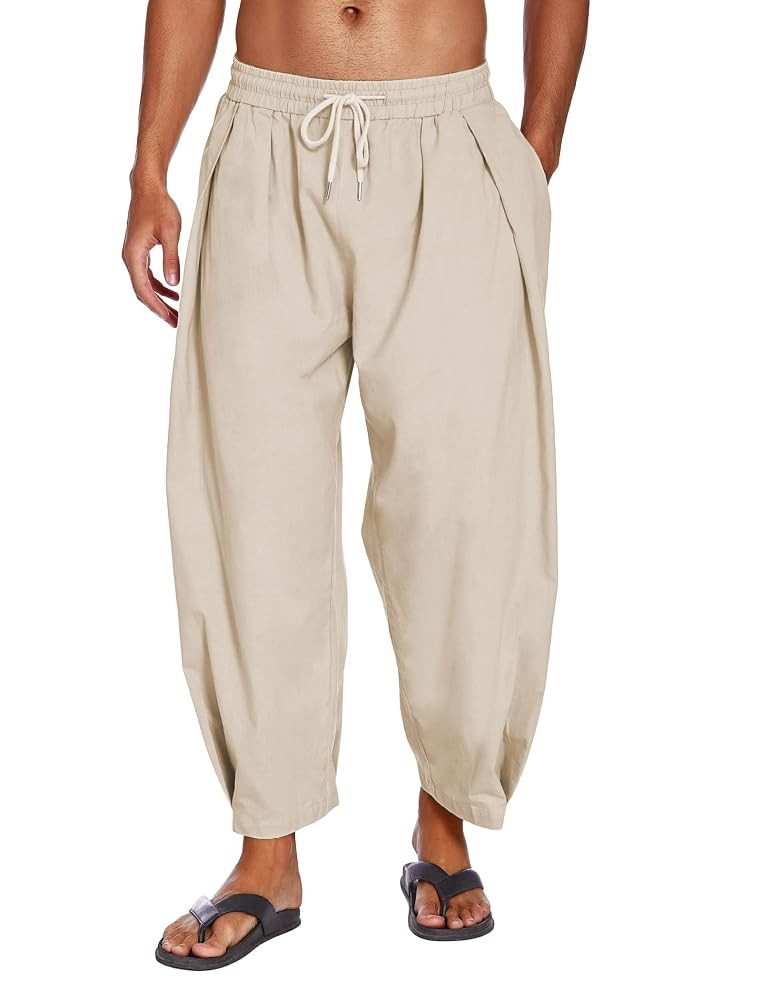 COOFANDY Men's Cotton Linen Harem Pants Drawstring Casual Cropped Trousers Lightweight Loose Beac... | Amazon (US)