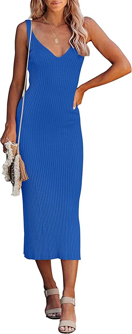 MEROKEETY Womens 2023 Summer V Neck Knit Maxi Tank Dress Sleeveless Ribbed Sweater Dresses | Amazon (US)